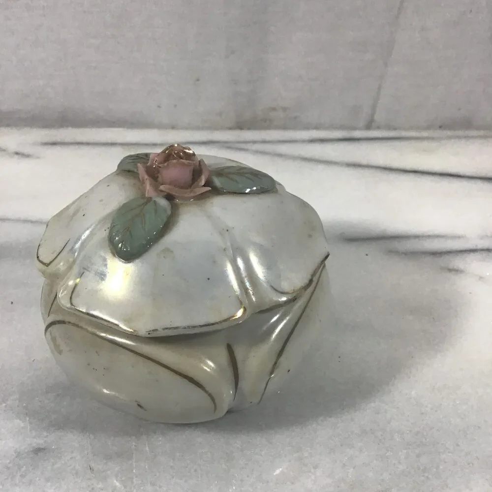 Vintage Japan Opalescent Porcelain Trinket Box Rose Flower Lid Vanity
